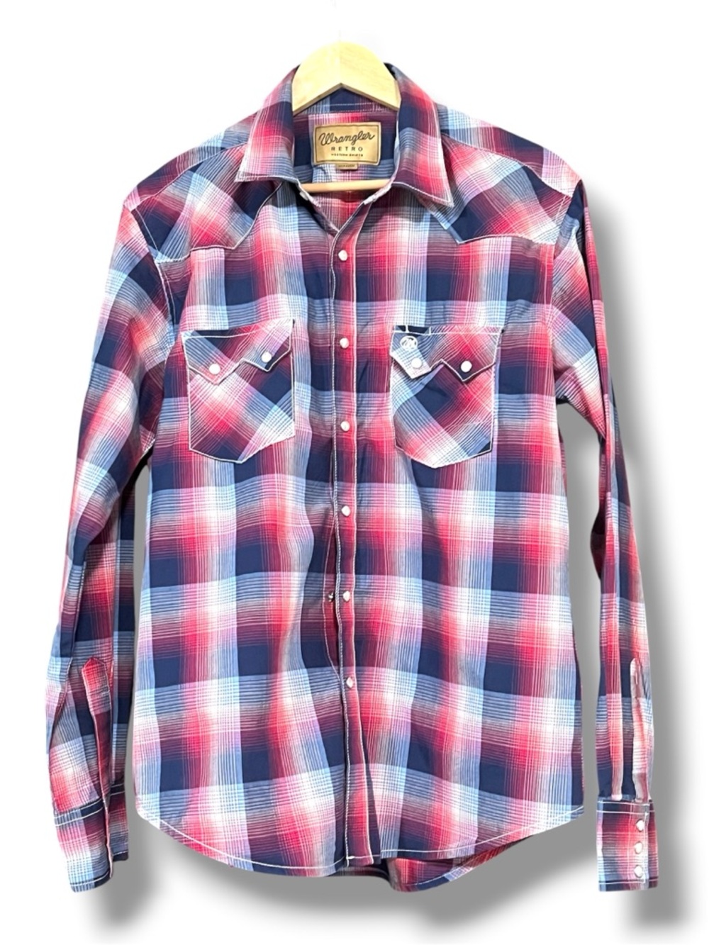 Wrangler Cotton Retro Blue & Red Plaid Western Snap-Front Shirt Size L